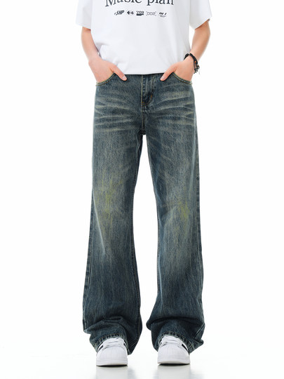 Verborgen Jeans American High Street Style Men's Vintage Retro Loose Distressed Washed Flared Straight Leg Slimming