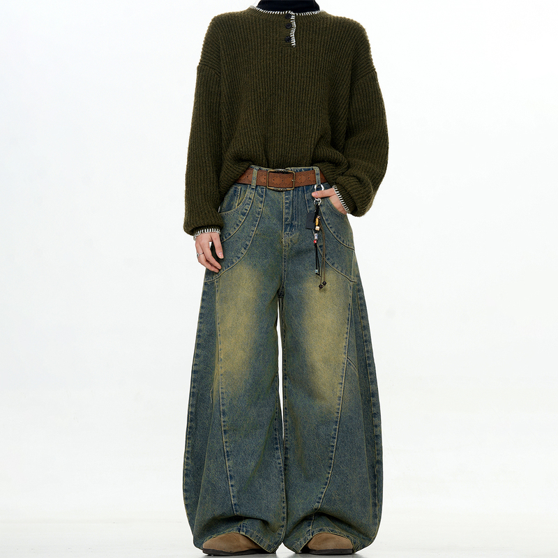 Verborgen American Retro Deconstructed Design Scimitar Jeans Vintage Washed Distressed Banana Long Pants