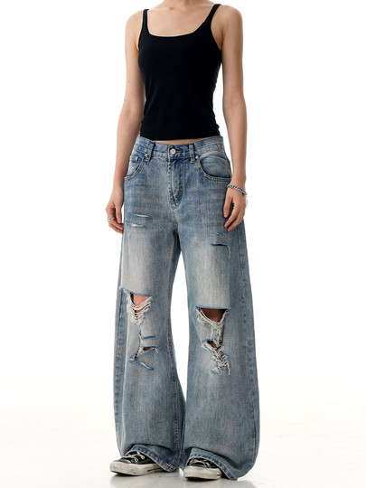 Verborgen American Retro Ripped Scimitar Jeans Unisex Trendy Loose Cleanfit Sickle Pants