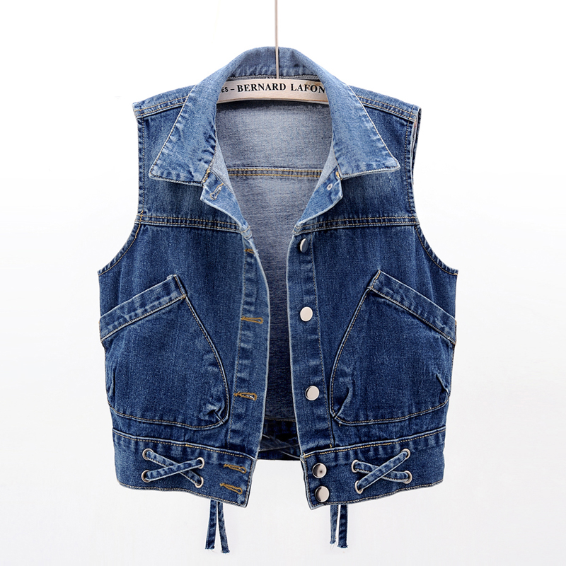 2020 mùa xuân và mùa thu mới phiên bản Hàn Quốc của belted denim ngựa kẹp ngựa ngắn áo vest có thể gánh vác áo khoác