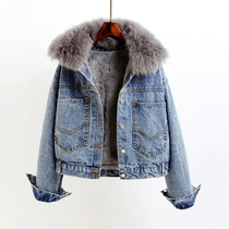 Denim cotton-padded women short 2021 new winter Korean rabbit hair collar plus velvet thick loose cotton coat student coat