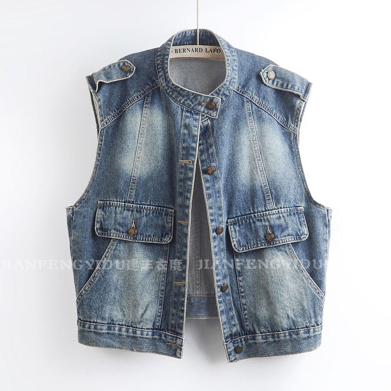 2026 Autumn New Stand Collar Sleeveless Denim Vest Women's Workwear Style Loose Sleeveless Waistcoat Jacket Vest Top