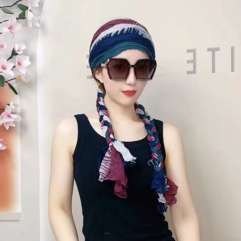 New Style Braided Multi-Purpose Headscarf for Women, Ethnic Style, Windproof, Sun Protection, Silk Scarf, Warm, Color-Blocked Cotton and Linen Scarf, Headband