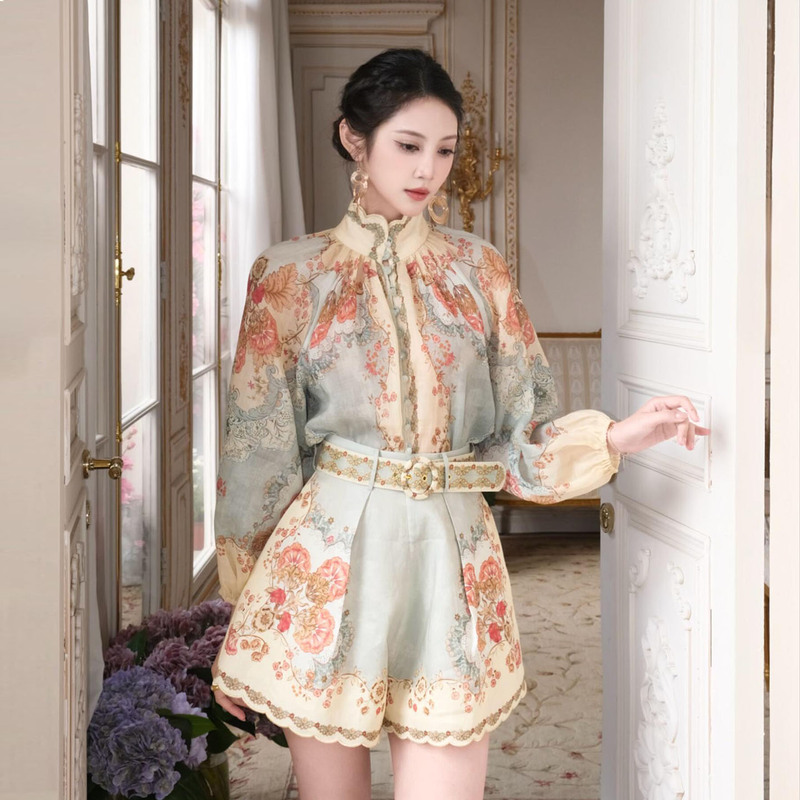 Zimm Australian Light Luxury Women's Clothing 26 Spring and Summer New Holiday Style Printed Ramie Elegant Shirt Top and Shorts Set