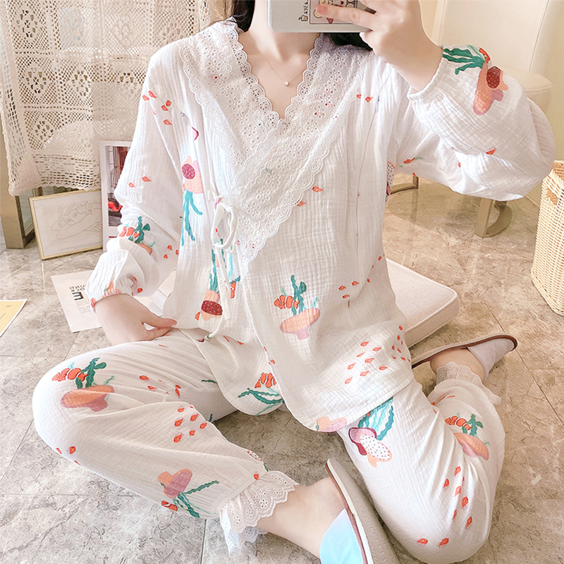 Gauze Moon Subsuit Pure Cotton Postnatal Breastfeeding July 8 Summer Pregnant Woman Sleepwear Woman Spring Autumn Slim maternity 6 Summer 5