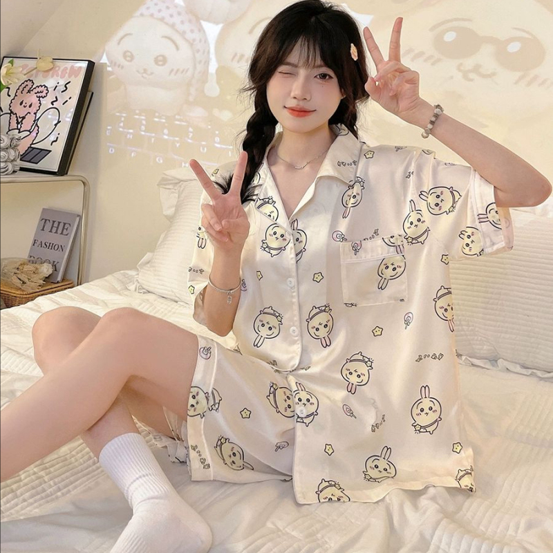 Usachi Chiikawa Couple Pajamas Women's Summer Ice Silk Short-Sleeved Pants Three-Piece Set Large Size Men's Home Wear Set