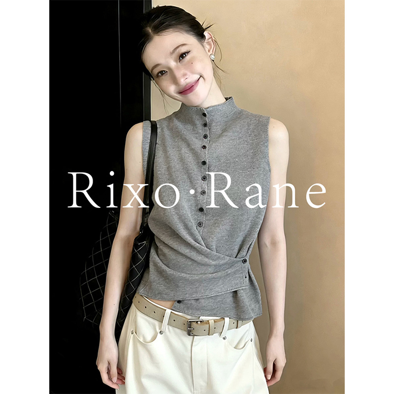 French Rixo Rane, a Comfort Treasure ⭐ French-Style Sleeveless Stand-Up Collar Knitwear Slimming Waist Button-Up Top for Women