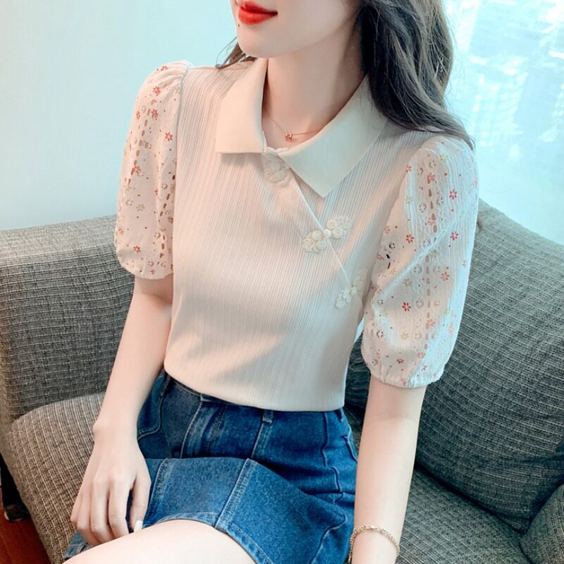 Korean version of the sweet age-reducing Polo collar shirt top women's 2022 summer new puff sleeves floral short-sleeved T-shirt