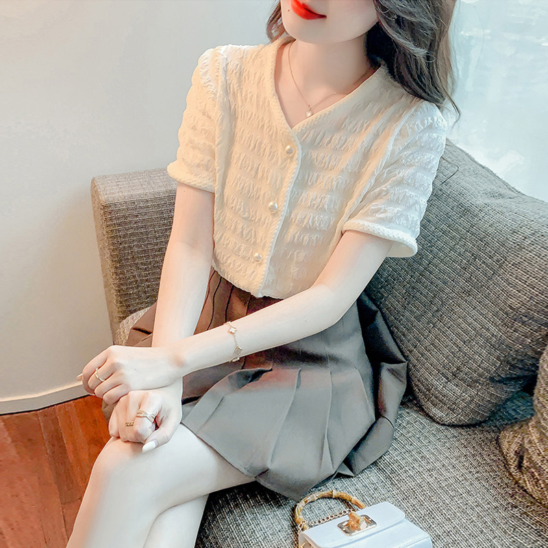Small-scale texture simple and versatile short tops women's summer new fashionable pleated small fragrance short-sleeved shirts