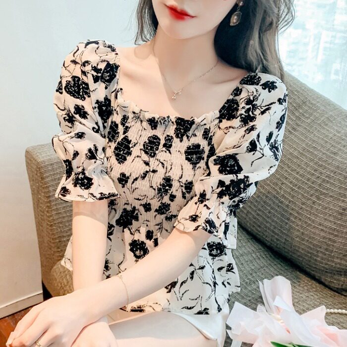 Korean version of the design sense one-shoulder floral short-sleeved top 2022 summer puff sleeves sweet age-reducing chiffon shirt women
