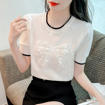 Han Edition Elegant Round Little Short Sleeve Tops Summer New Nail Pearl Butterfly Tie Design Knitted T-Shirts
