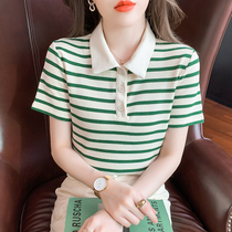 Han Edition Strip Fashion Polo Town Woman Summer New Fix Skin Polo Shirt Shoulder Shoulder Shoulder T-Shirt