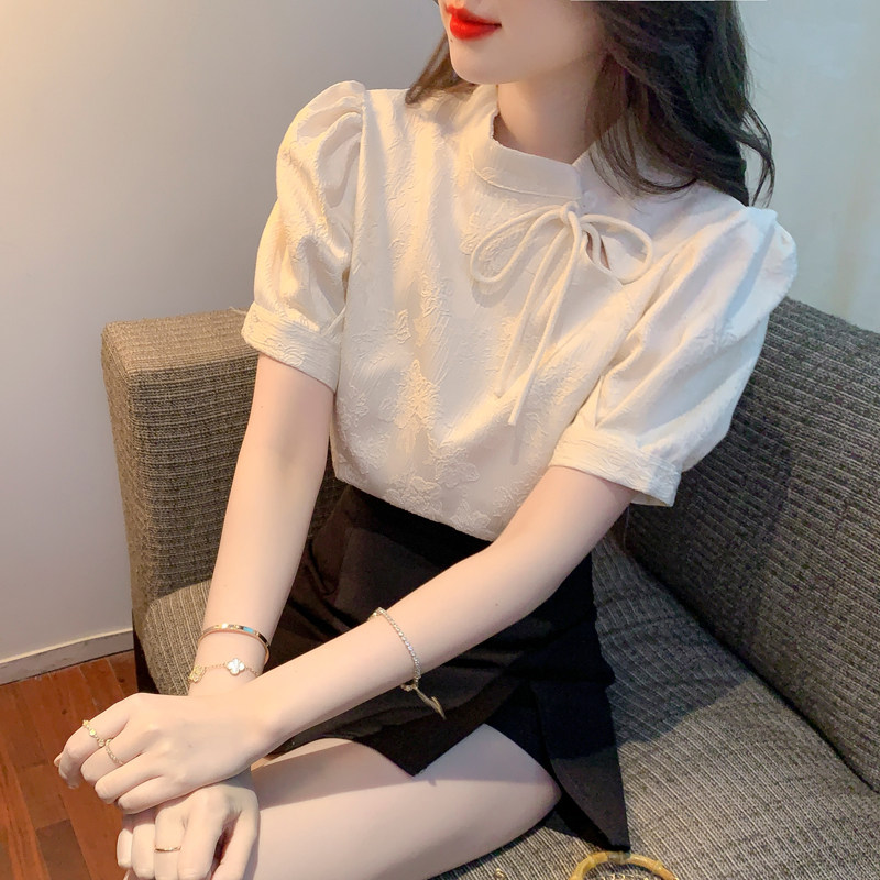 Court style cheongsam design bow tie shirt women's summer stand collar embroidery French retro temperament short-sleeved women