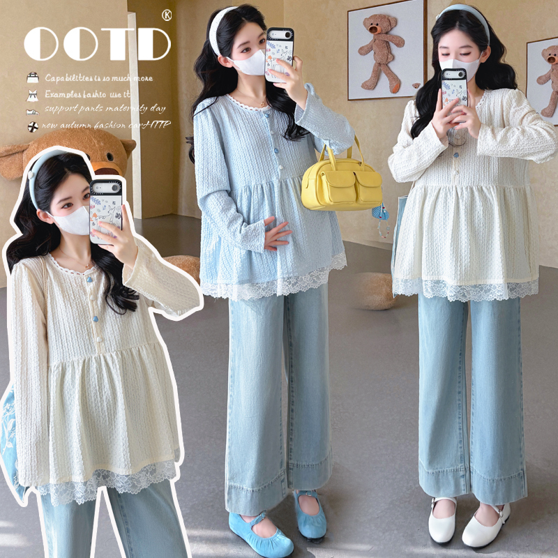 Plus-Size Maternity Wear for Spring: French-Style Versatile and Sweet Lace Patchwork Babydoll Top for Pregnant Women 100kg Trend Plus-Size Maternity Wear for Spring: French-Style Versatile and Sweet Lace Patchwork Babydoll Top for Pregnant Women 100kg Trend