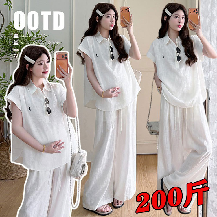 2026 Summer New Arrival Plus Size Maternity Summer Polo Collar Korean Style Shirt Wide Leg Pants Set Loose 100kg Trend 2026 Summer New Arrival Plus Size Maternity Summer Polo Collar Korean Style Shirt Wide Leg Pants Set Loose 100kg Trend