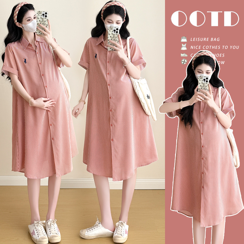 Plus-Size Maternity Wear Korean-Style Striped Embroidered Loose Casual Shirt Dress Maternity Dress 100kg for Pregnant Women and Overweight Mothers Plus-Size Maternity Wear Korean-Style Striped Embroidered Loose Casual Shirt Dress Maternity Dress 100kg for Pregnant Women and Overweight Mothers