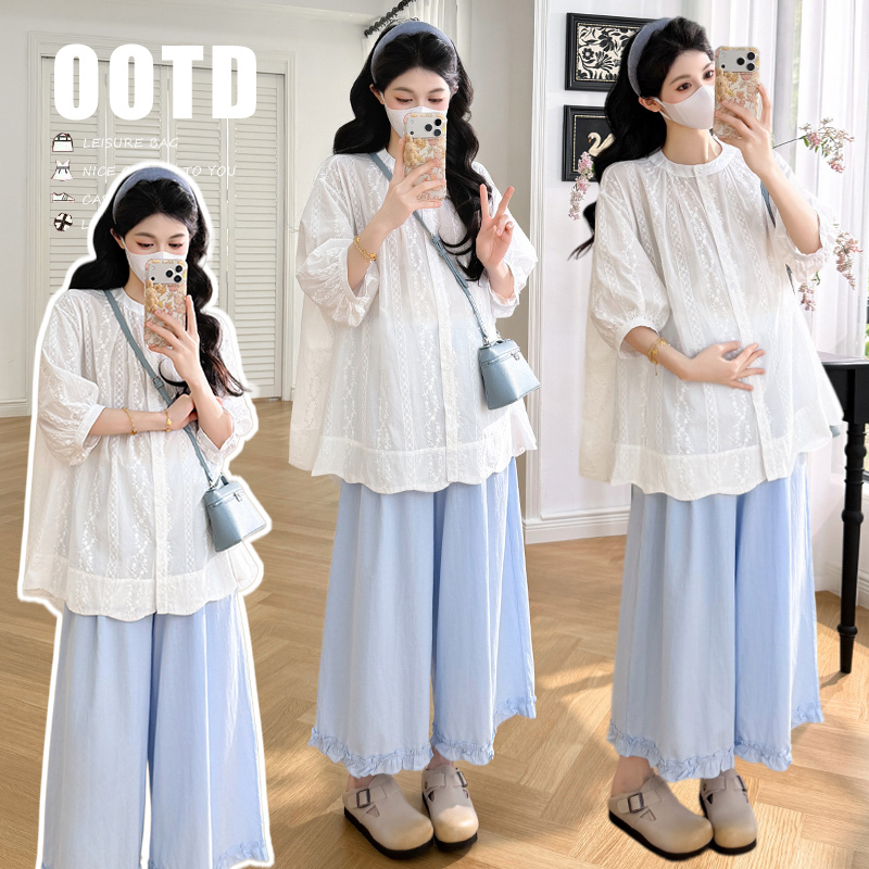 Plus-Size Maternity Summer New Cotton and Linen Jacquard Embroidered Shirt + Blue Lace Wide-Leg Pants 100kg for Pregnant Women