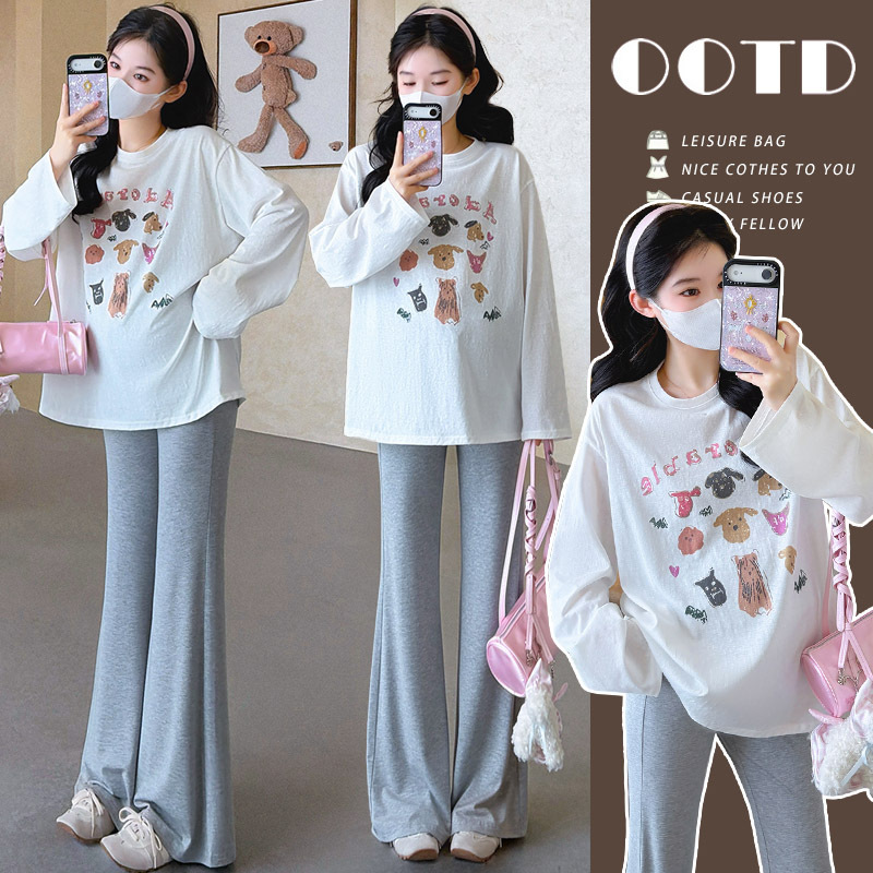 Plus Size Maternity Spring and Summer New Style Loose Large Print T-Shirt Thin Sun Protection Shirt Flared Pants Set 100kg Trendy