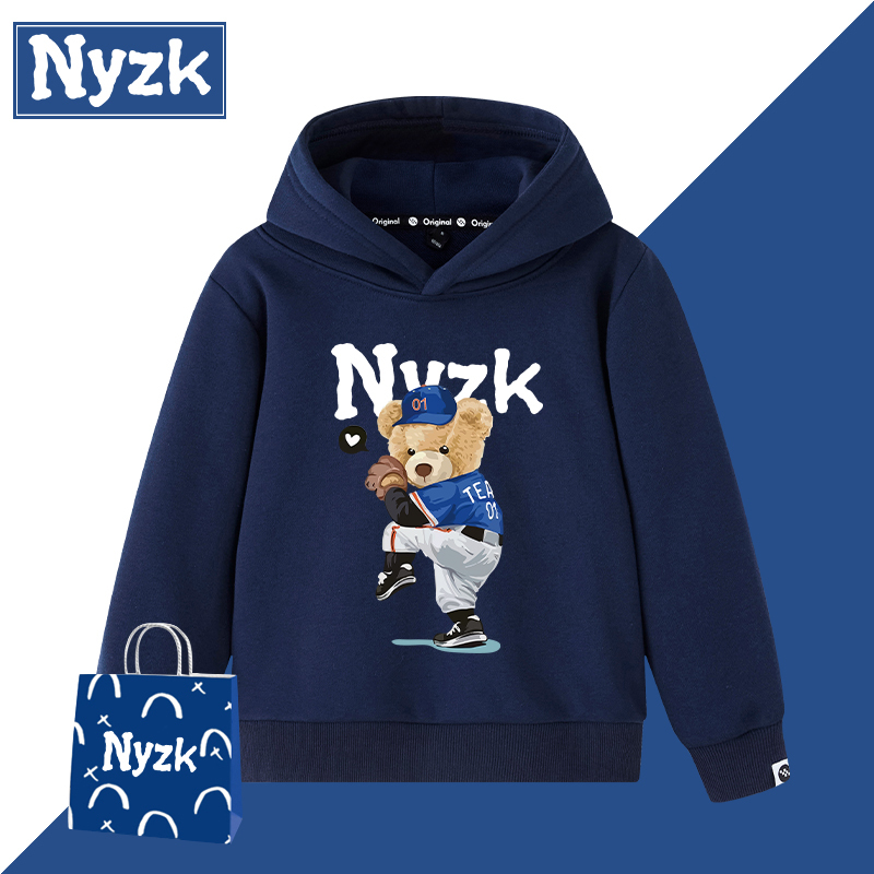 Nyzk Little Bear Collaboration Hoodie for Men, Autumn New Style, Oversized, Thickened, Fleece-Lined, Warm, Casual Couple's Top, Trendy