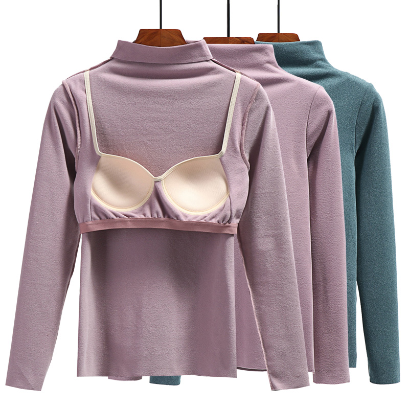 Autumn and winter heating clothes seamless plus velvet semi-high collar long sleeves with bra pads cups one-piece autumn clothes inner wear bottoming shirt