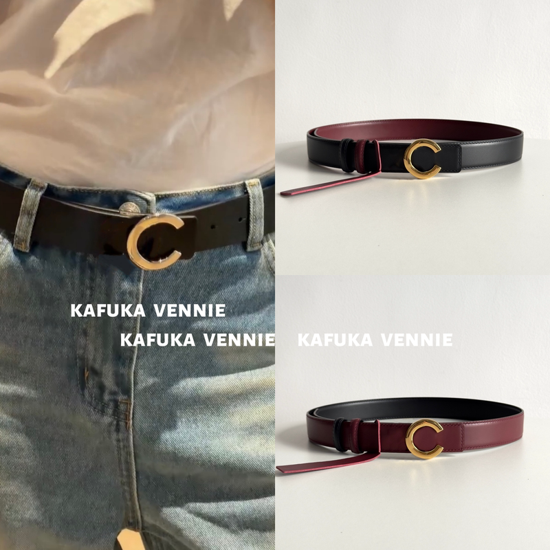 Vennie 7/23-26S Miss Coco Metal Letter Buckle Black and Red Double-Sided Belt for Women, Niche Style Leather Belt