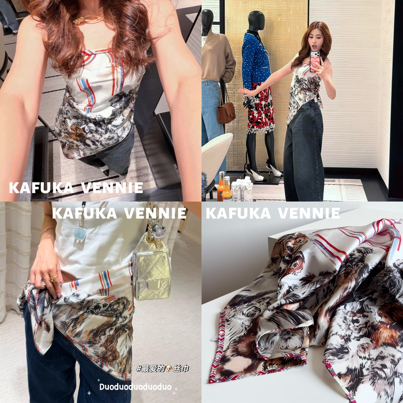 7/13-26A Puppy Silk Print Large Square Scarf for Women, Versatile Scarf, Shawl, Elegant Neck Scarf, Headscarf, Chest Wrap