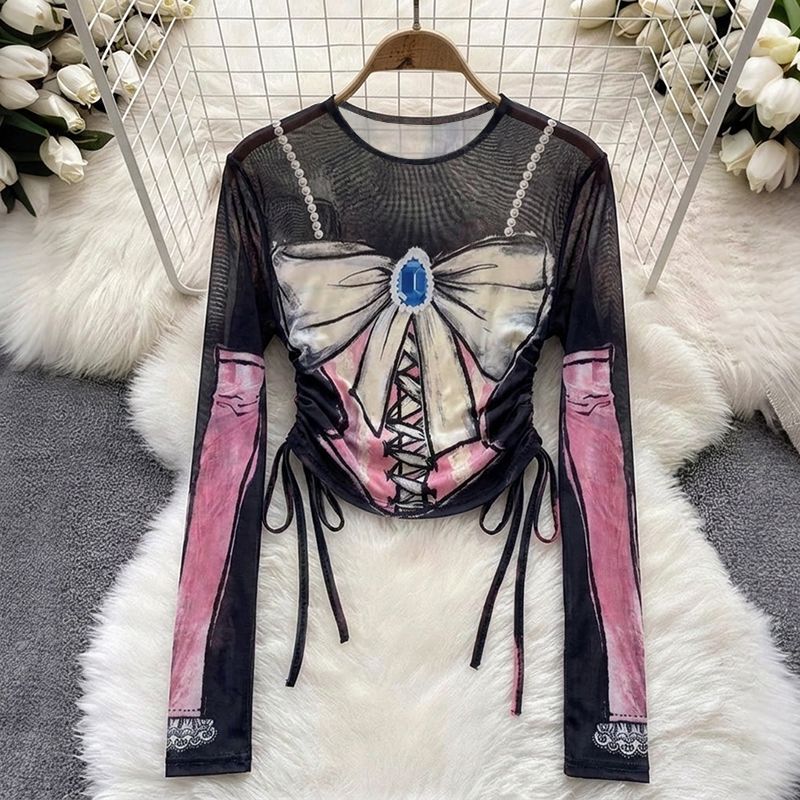 American-Style Comic Bow-Knot Mesh Long-Sleeve Top for Women, New Spring and Autumn Style, Pure and Slim-Fitting, Thin and Versatile T-Shirt American-Style Comic Bow-Knot Mesh Long-Sleeve Top for Women, New Spring and Autumn Style, Pure and Slim-Fitting, Thin and Versatile T-Shirt