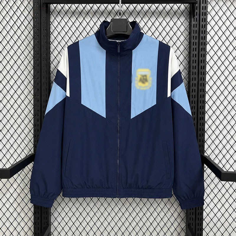 2026 Retro Sports Style Patchwork Jacket with Stand Collar and Zipper, Blue Color-Blocked Striped Football Jacket for Outerwear
