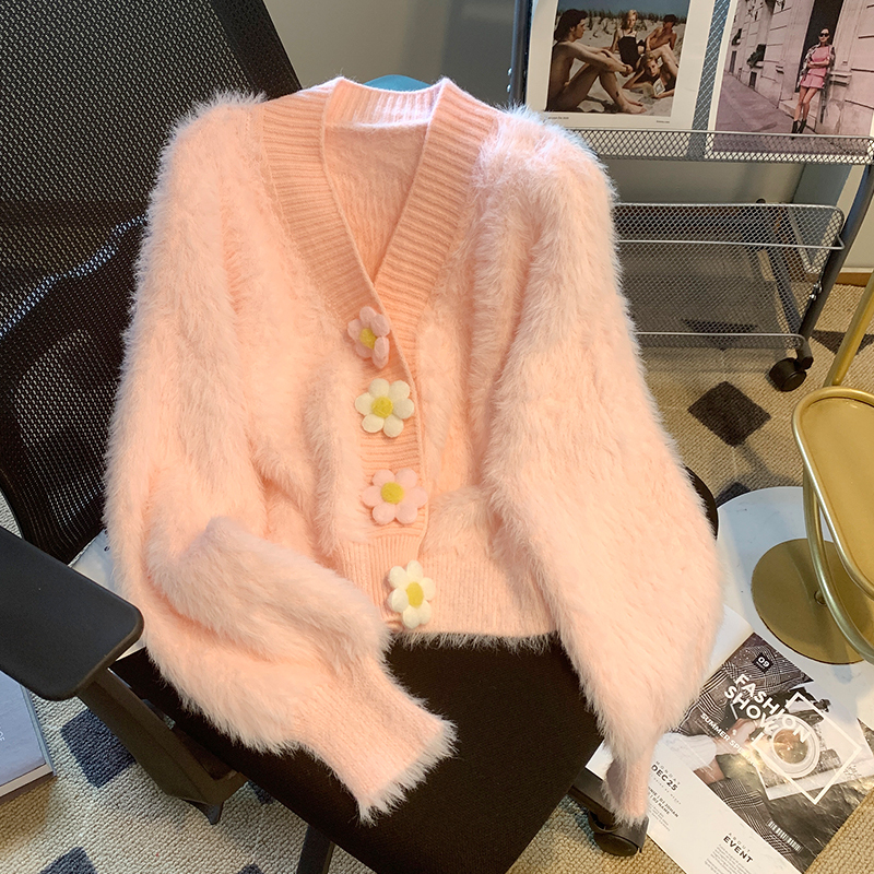 Super Fairy-Like Pink Mink Velvet Knit Sweater for Women, 2023 Spring Sweet Three-Dimensional Flower Cardigan, Soft and Fluffy Style Jacket