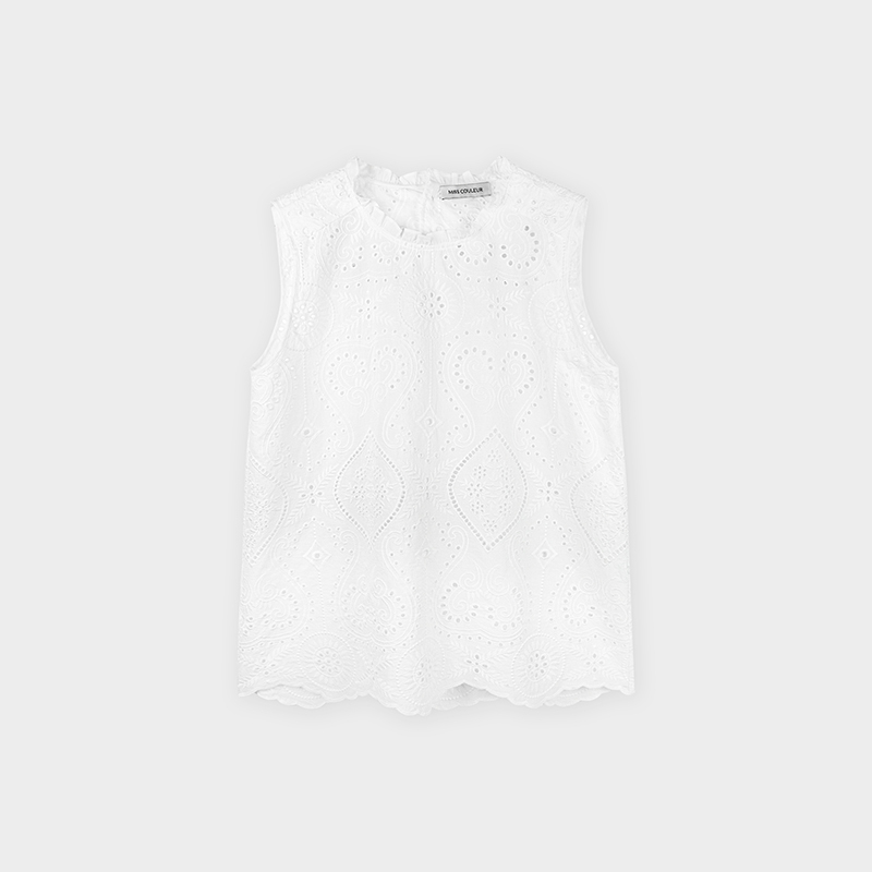 Miss Couleur Hollow-Out Embroidered Sleeveless Shirt with a Stylish Round Neck Design, Tank Top, Etc. (Item Number: Mc26Ss049)