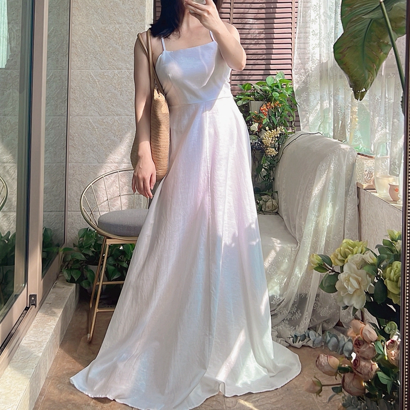 French Minimalist Pure White Linen Cotton High-End Old Money Style Sexy Backless Spaghetti Strap Waist-Cinching Flared Long Dress