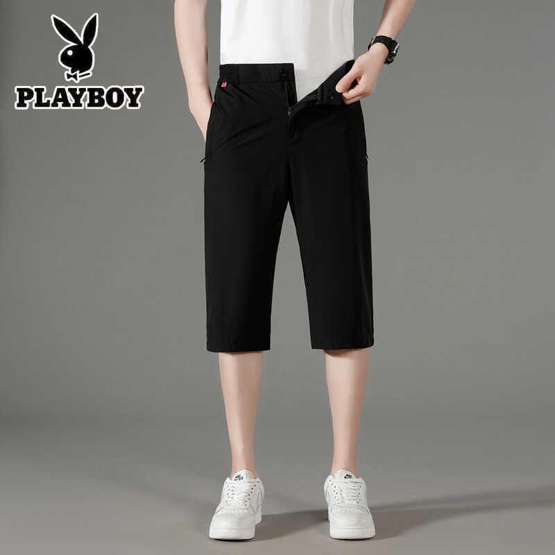Playboy Ice Silk Cropped Pants for Men, Loose Straight-Leg Sweatpants with Placket, Summer Thin Style, Belted Casual Pants Playboy Ice Silk Cropped Pants for Men, Loose Straight-Leg Sweatpants with Placket, Summer Thin Style, Belted Casual Pants