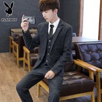 Playboy suit suit Mens three-piece suit Korean slim small suit Business formal dress Groom wedding dress