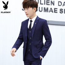 Playboy mens suit suit three-piece youth handsome small suit casual striped groom wedding dress
