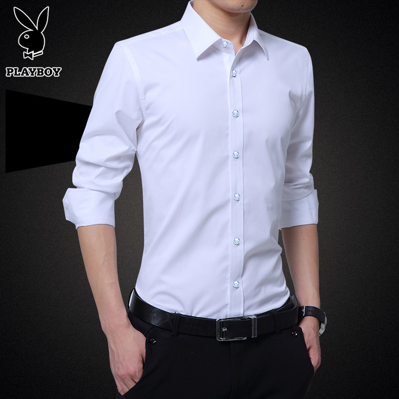 Playboy men's business casual professional dress shirt Spring and autumn long-sleeved white shirt men's slim bottom shirt