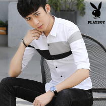 Playboy short-sleeved shirt mens slim Korean version of the trend seven-point sleeve shirt summer mid-sleeve handsome thin shirt
