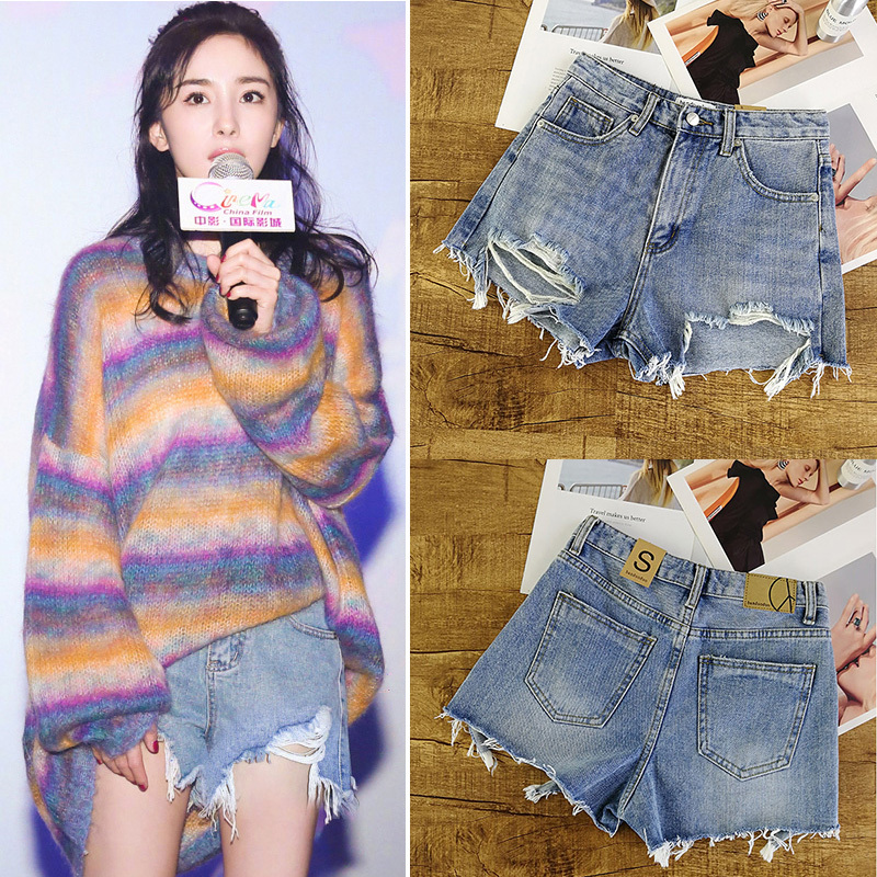 【Same Style as Yang Mi】 Korean Style Denim Shorts for Women, Summer Loose Fit, Versatile, Plus Size, High Waist, Ripped A-Line Wide-Leg Pants, Trendy