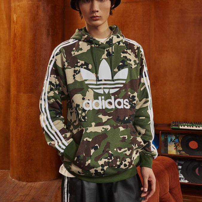Adidas Clover Long-Sleeved Pullover Men's Early Autumn Camouflage Sportswear Casual Hooded Sweatshirt Is0209