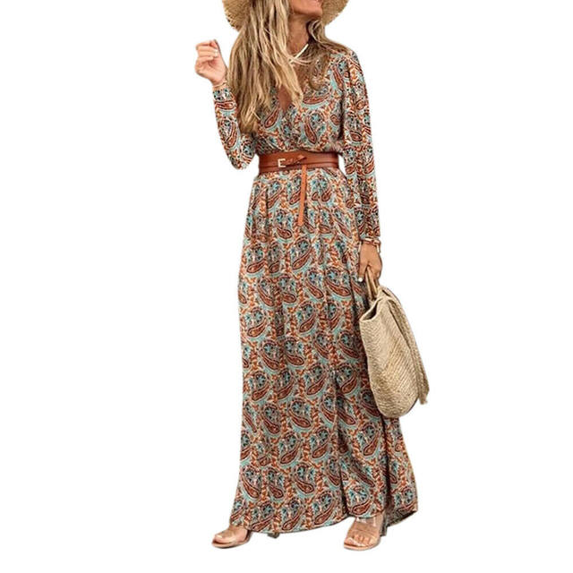 2021 spring Amazon hot style European and American V-neck bohemian floral large size long-sleeved slit dress long skirt