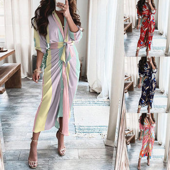 2021 European and American popular long-sleeved V-neck button striped print belted folded slim irregular one-piece dress