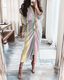 2021 European and American popular long-sleeved V-neck button striped print belted folded slim irregular one-piece dress