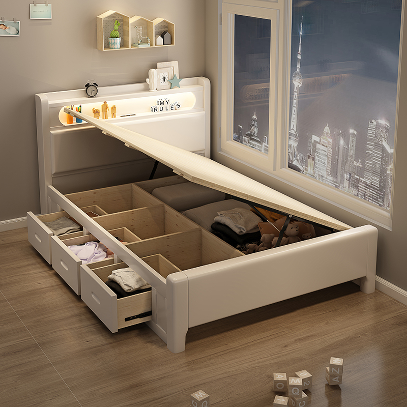 Solid Wood Bed 1.12m /1.35/1.5/1.8M Box Storage Side Drawer Hydraulic Storage White Kidsren's Bed