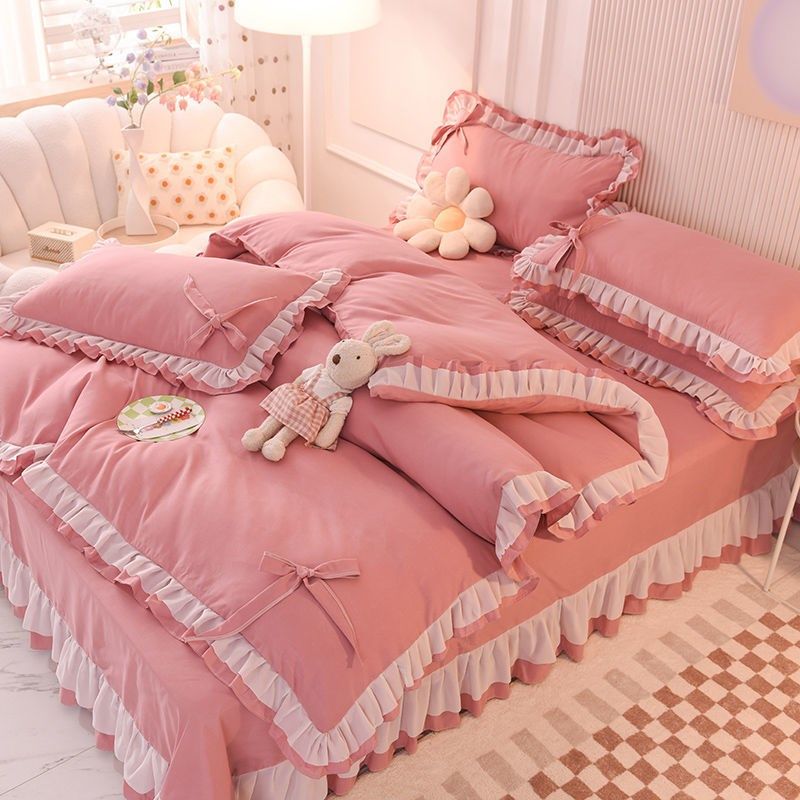 2022 new small fresh lace spring and autumn quilt cover four-piece simple single three-piece solid color bed sheet double bed