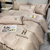 Net red bed Bedding Ice Silk Bifacial Four Pieces Wash Real Silk Bed Monofilament Slide Naked Bed Bamboo Hat Quilt Cover Three Sets