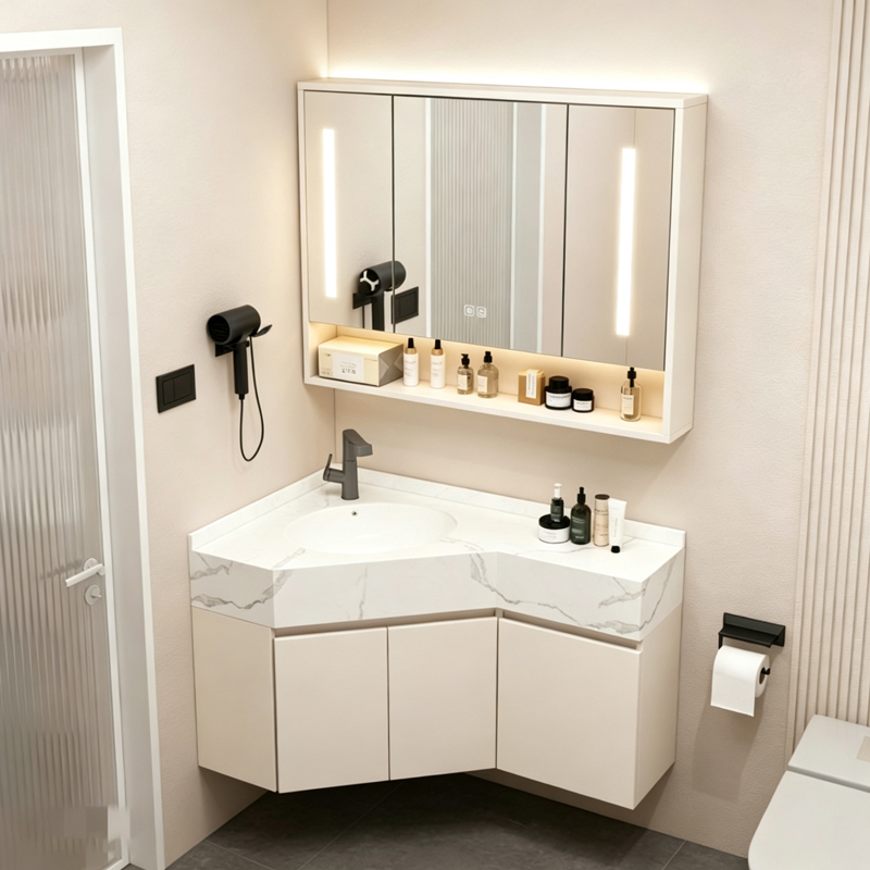 Diamond-Shaped Narrow-Edge Corner Bathroom Cabinet Combination with Integrated Slate Washbasin for Bathroom, Simple Design Diamond-Shaped Narrow-Edge Corner Bathroom Cabinet Combination with Integrated Slate Washbasin for Bathroom, Simple Design