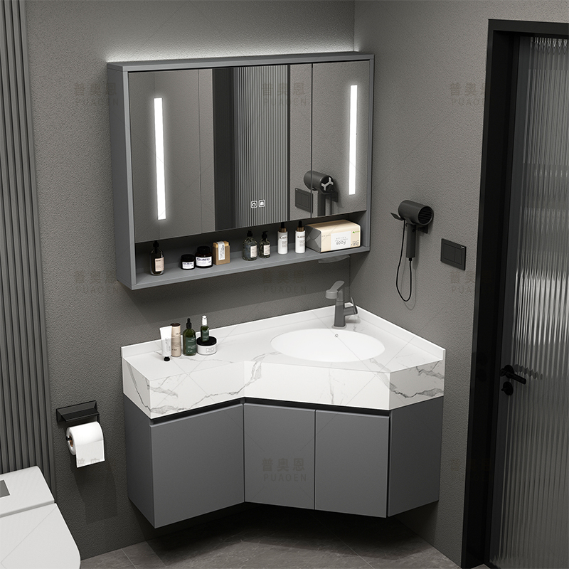Diamond-Shaped Narrow-Edge Corner Bathroom Cabinet Combination with Integrated Slate Washbasin for Bathroom, Simple Design Diamond-Shaped Narrow-Edge Corner Bathroom Cabinet Combination with Integrated Slate Washbasin for Bathroom, Simple Design
