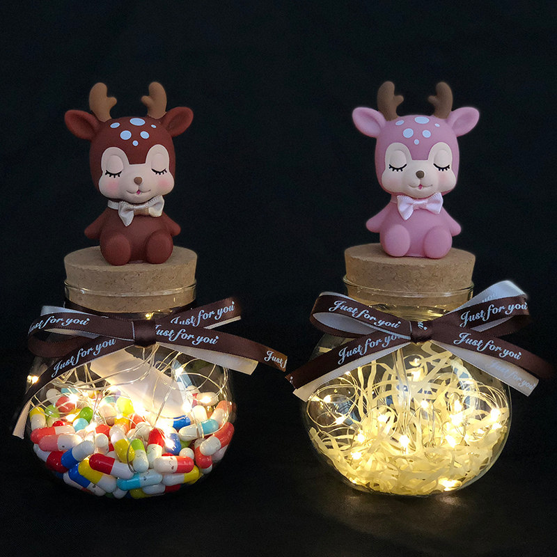 Star Bottle Big Wood Stopper Glass Bottle Night Light 520 Birthday Gift Idea Gift for men and women Lucky Stars note handmade