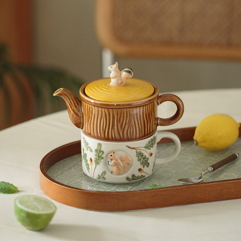 Forest-Style Squirrel Ceramic Hand-Painted Underglaze Tea Set Teapot and Cup Tea Brewing Gift Box for One Person Vintage Tea Set