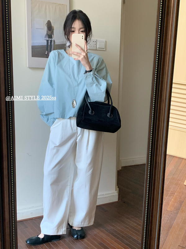 Aimistyle Original Korean Style Patchwork Lace-Up Shirt for Women, Pullover Loose Niche Top with Back Tie