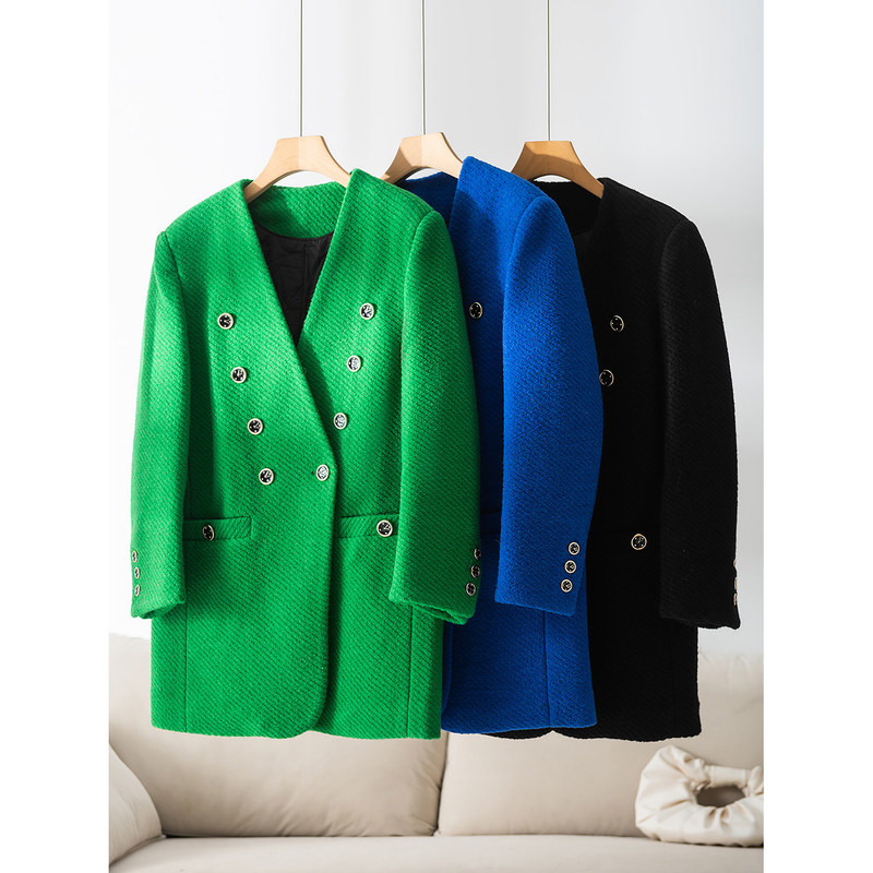Wool-Blend Tweed Coat with Thin Cotton Lining, Thick and Mid-Length, in a Mature Style Ah4991